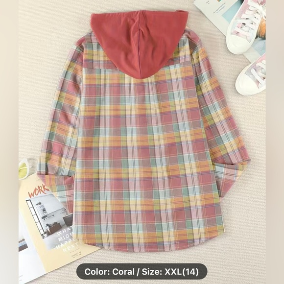 BRAND NEW Unstoppable Soul Plaid Print Hoodie, Long Sleeve coral, XXL - Picture 2 of 5